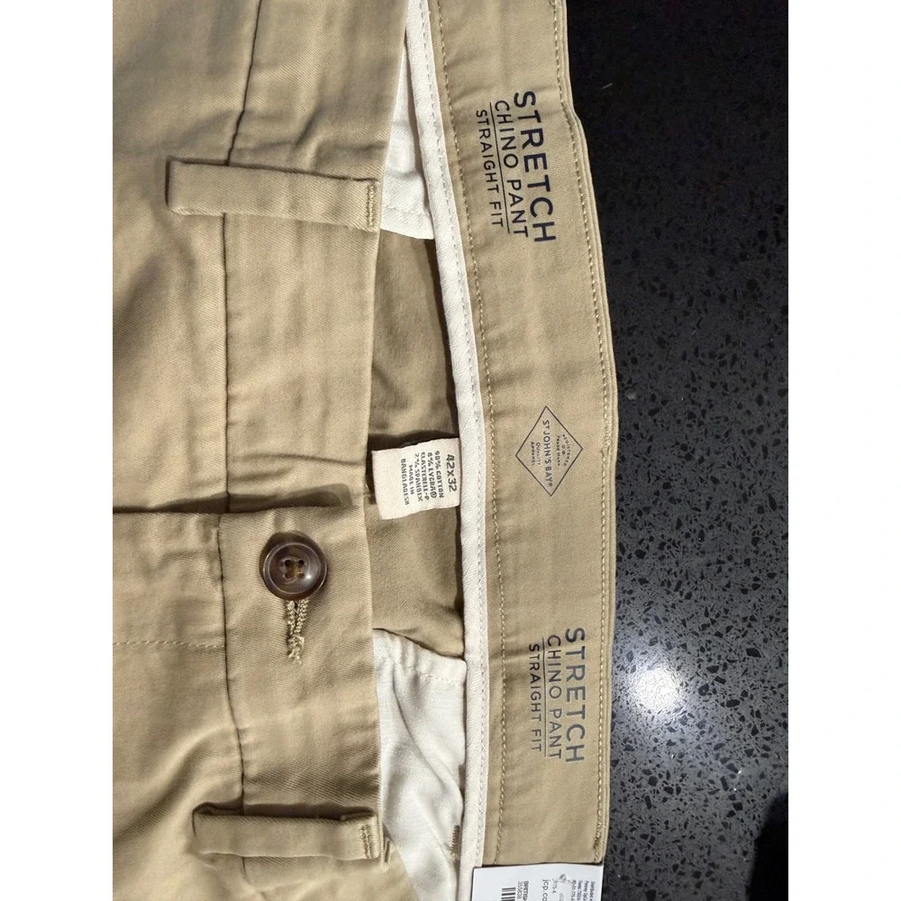 St Johns Bay Mens‎ Stretch Chino Pants 42x32 Khaki Tan Straight Fit Flat Front